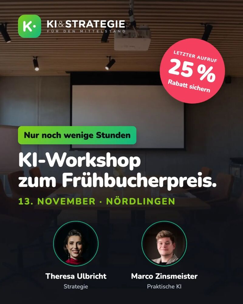 Instagram-Beitrag von profiMedien: Nur noch wenige Stunden: Der Frühbucherpreis für den KI-WORKSHOP endet am 30. September 2026 um 23:59 Uhr. Ab …