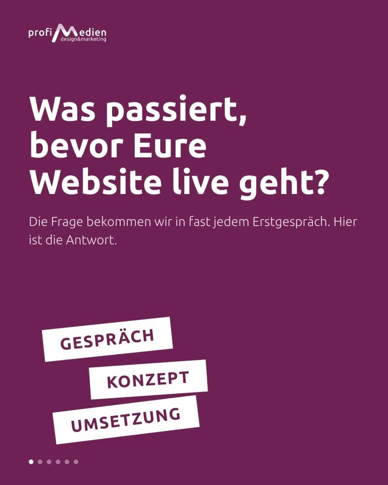 Instagram-Beitrag von profiMedien: Was passiert eigentlich zwischen Auftrag und Livegang? Für viele ist das eine Blackbox. Beauftragen, warten, …