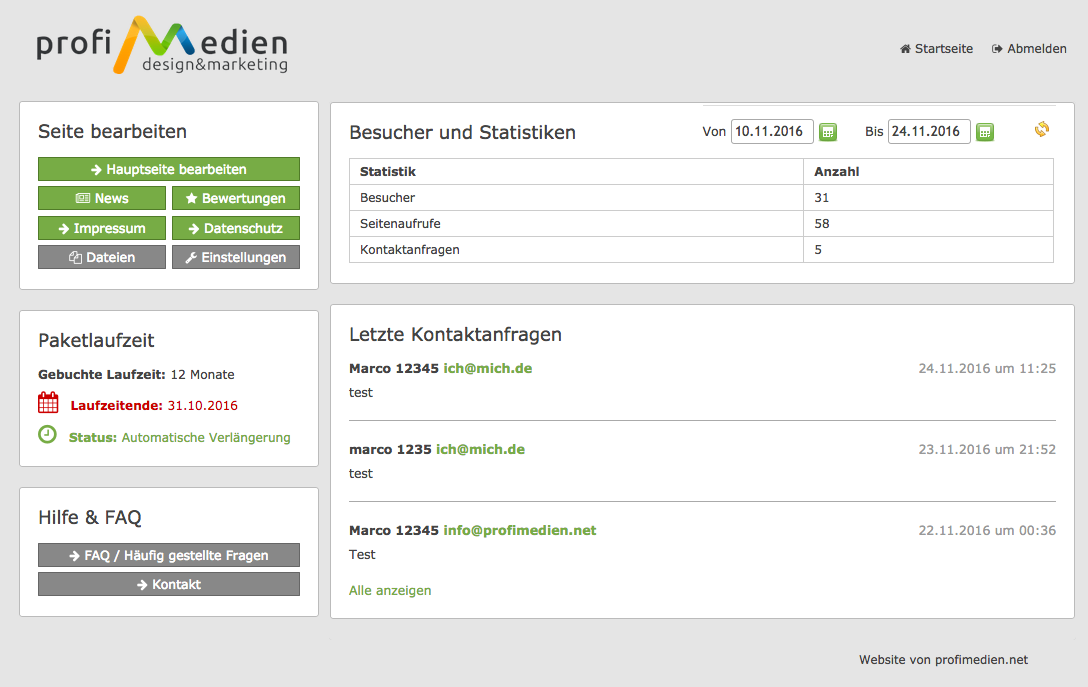 Administrationsbereich · Mini-Homepage von profiMedien